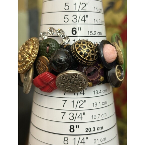 Art Deco Button Bracelet 6.5” Handmade Mixed Materials 80s 90s Vintage - Picture 1 of 9